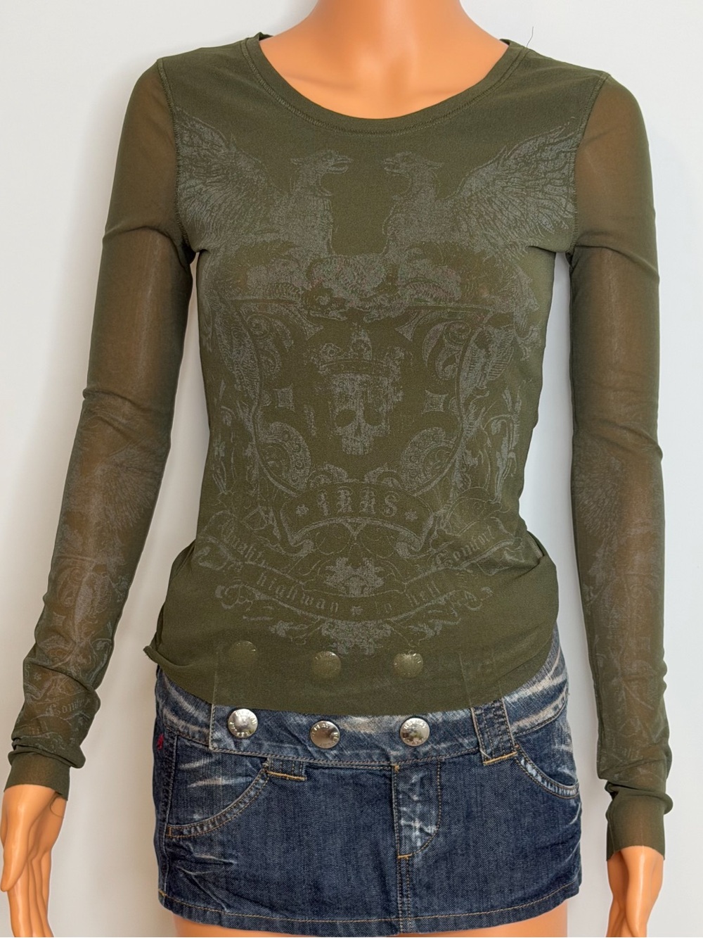 IKKS Y2K Mesh Top Skull Wings Graphic Long Sleeve Size S